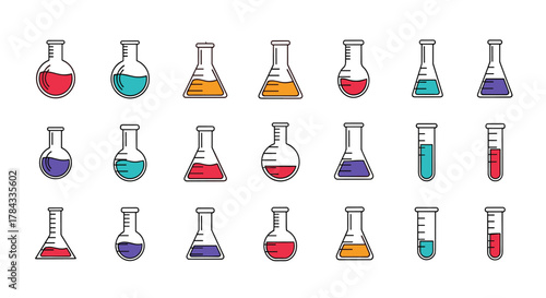 Vibrant collection of laboratory glassware icons, including flasks and test tubes filled with colorful liquids, presented in a clean, cartoon style suitable for UI elements, placards, books, and