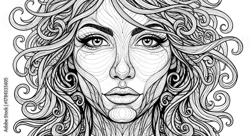 Intricate black and white line art portrait of a woman's face, featuring detailed swirling hair and expressive eyes, perfect for adult coloring pages, graphic design, and artistic expression.