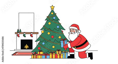 Santa Claus joyfully placing a wrapped gift under a beautifully decorated Christmas tree, ready for the festive holiday season by a warm fireplace with stockings