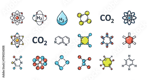 Vibrant collection of minimalistic linear pictograms representing atoms and chemical compounds, including H2, CO2, and various molecular structures, ideal for science, technology, and educational