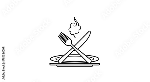 A minimalist line art illustration depicts a fork and knife crossed over a plate, with a stylized wisp of steam rising, symbolizing a hot meal or dining experience, perfect for restaurant menus, food