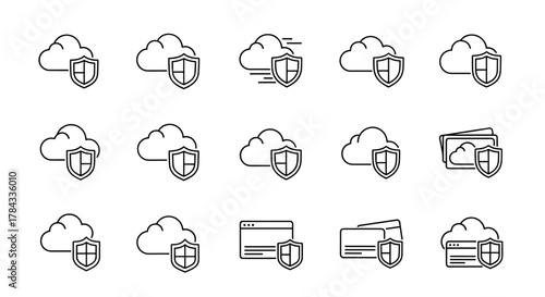 Set of cloud and shield outline linear signs for graphic and web design, apps, adverts, and various cards, presented as a vector cartoon illustration on a white background, symbolizing cloud security