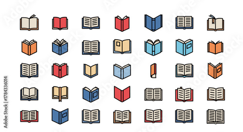 Collection of filled color icons of opened books, minimalistic linear pictograms for web and graphic design, apps, banners, social networks, and cards. A diverse set of book illustrations in various