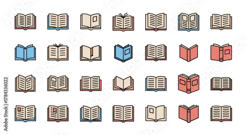 Collection of filled color icons of opened books, minimalistic linear pictograms for web and graphic design, apps, banners, social networks, and cards. A diverse set of book illustrations