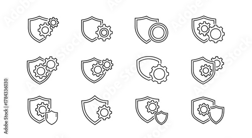 Set of linear shield and gear icons, representing security, protection, and operational efficiency. These versatile vector graphics are ideal for web design, app development, advertisements, and