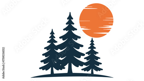 Stylized pine trees and setting sun