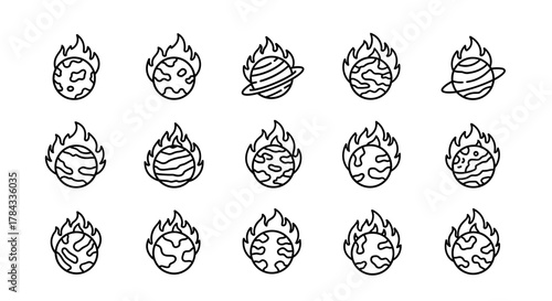 Collection of Planet on Fire Related Line Icons: A set of outline signs and symbols representing celestial bodies engulfed in flames, perfect for graphic design, web development, app icons
