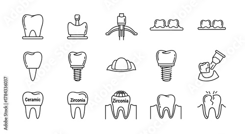 Collection of minimalistic thin outline icons representing various dental procedures and elements, including crowns, implants, ceramic and zirconia restorations, and damaged teeth, perfect for web