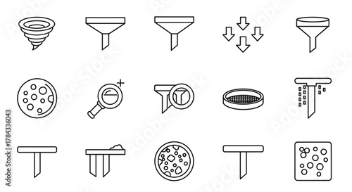 Collection of Filter-Related Line Icons: Vortex, Funnel Outline Signs for Graphic and Web Design, Apps, Advertisements, Various Cards, Vector Cartoon Illustration, Scientific Equipment, Laboratory