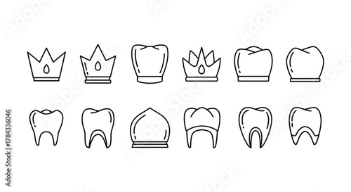 Set of minimalistic thin outline icons representing dental crowns and teeth, perfect for web design, graphic design, apps, banners, social networks, and cards. This vector cartoon illustration