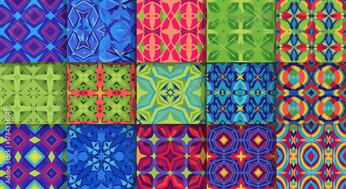 Collection of vivid, colorful, and seamless geometric patterns, featuring abstract fashion backgrounds with bright, vibrant, and simple endless prints, perfect for tile and mosaic textures, offering