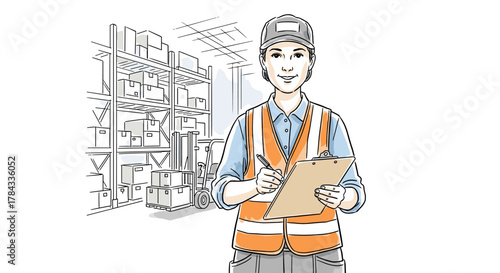 Hand-drawn illustration of a smiling female warehouse associate wearing a high-visibility vest and cap, holding a clipboard and pen, with shelves stacked high with boxes and a forklift in the