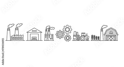 Industry and Agriculture Line Icons: A Vector Bundle Featuring Factories, Warehouses, Gears, Tractors, Wheat Stalks, and Barns, Perfect for Graphic Design, Web Development, Apps, Advertisements, and