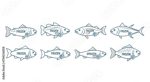 Collection of eight stylized outline illustrations of various fish, each labeled "FROZEN" and adorned with a snowflake emblem, presented on a clean white background, ideal for graphic design, web
