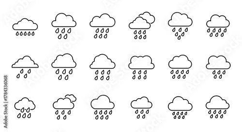 Collection of stylized outline icons representing rain falling from clouds, perfect for graphic and web design, apps, adverts, and various cards. This vector cartoon illustration features a clean