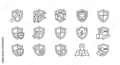 Collection of protection and insurance outline icons featuring shields, travel elements like airplanes and suitcases, medical symbols, keys, maps, and weather icons, perfect for graphic design