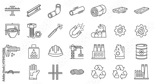 Set of outline icons related to steel industry and manufacturing, featuring linear icons for metal beams, pipes, bolts, welding, magnets, factories, cranes, safety equipment, and recycling symbols