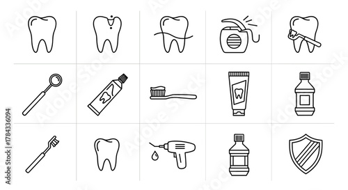 Set of dentistry-related line icons, featuring teeth, dental floss, caries, cleaning outline signs, and dental tools, perfect for graphic and web design, apps, adverts, and various cards, vector
