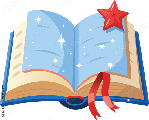 An open storybook with a red star and ribbon bookmark illustration