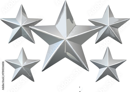 A collection of five shiny metallic silver stars arranged on white