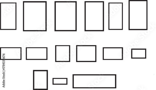 Collection of diverse rectangular and square frames arranged in rows and columns on a white background
