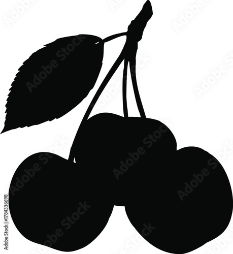 A simple black silhouette of a cluster of ripe cherries on stem