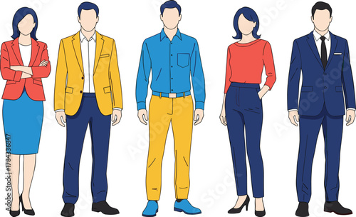 Diverse group of business professionals in modern attire, corporate team concept, workplace fashion, cad drawing flat vector illustration