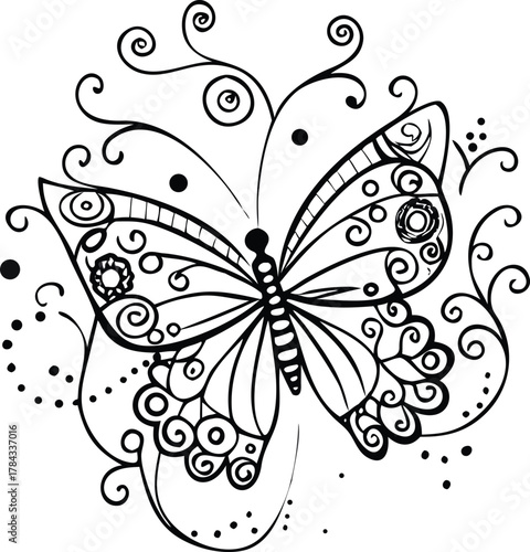 Detailed black and white illustration of a decorative butterfly design