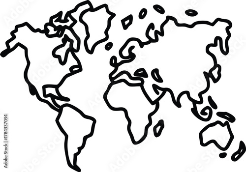 A simple hand drawn sketch depicting the continents and major landmasses