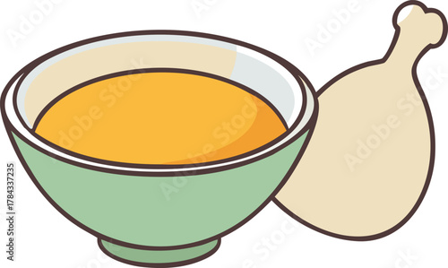 A colorful illustration depicting a bowl of soup and a chicken drumstick