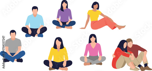 Flat vector illustration of diverse pairs sitting casually on ground, social interaction, relaxed posture, cad drawing flat vector
