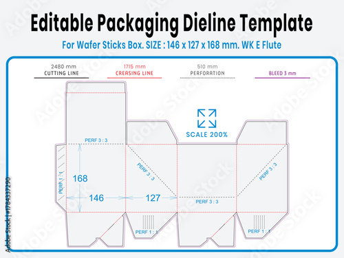Editable packaging dieline template for wafer box. Real dimensions with cutting, creasing, and bleed guides. Ready-to-use vector file for printing and production setup.