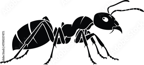 Silhouette of ant in side profile, insect anatomy concept, segmented body structure, cad drawing flat vector illustration