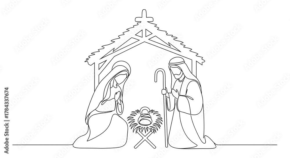 Obraz premium A minimalist line drawing depicts the Nativity scene with Mary, Joseph, and baby Jesus in a manger within a stable.