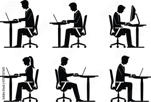 Silhouette of office workers at desks using computers, business attire, workplace posture, teamwork concept, cad drawing flat vector illustration