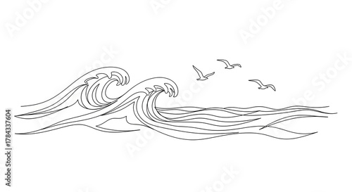 Stylized line art illustration of ocean waves with seagulls flying in the sky.