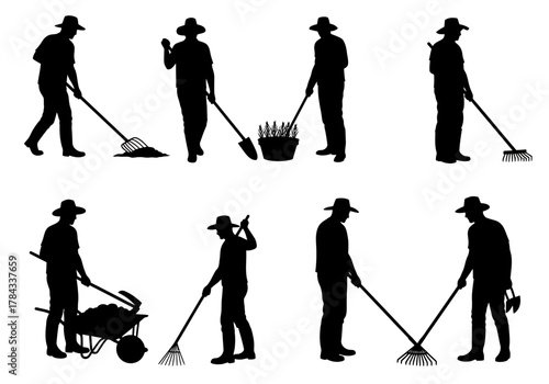 Silhouetted Gardeners Diverse Poses of People Tending to Gardens with Various Tools