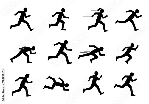 Dynamic Black Silhouette Illustrations of People Running on White Background