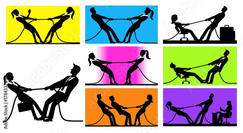 Tug of war concept collection showing business people engaged in struggle for power, financial competition, and challenging situations, dynamic set of nine silhouettes