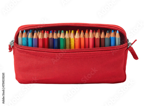 Red pencil case, open, filled with colored pencils