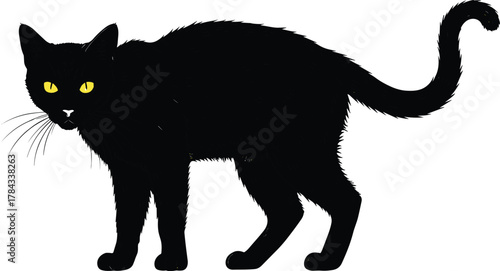 Silhouette of black cat with yellow eyes, Halloween theme, superstition symbol, cad drawing flat vector illustration