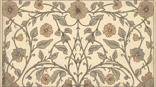 Elegant Symmetrical Vintage Floral Pattern Design with Intricate Botanical Motifs and Flowing Vines, Perfect for Decorative Backgrounds and Classic Textile Prints