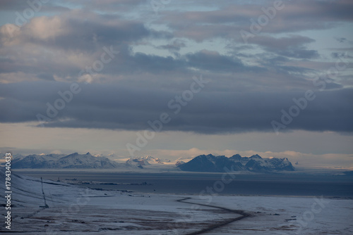 Obraz na płótnie Longyerbeyen, Svalbard, Cloudy sky with mountains in the background