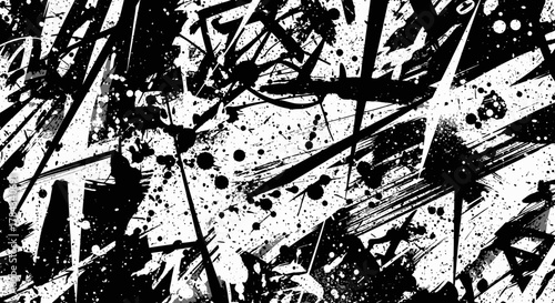 Abstract monochrome painting with dynamic ink splatters and brushstrokes