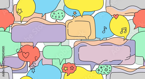 Seamless pattern featuring pastel speech bubbles with hand-drawn style icons and contours