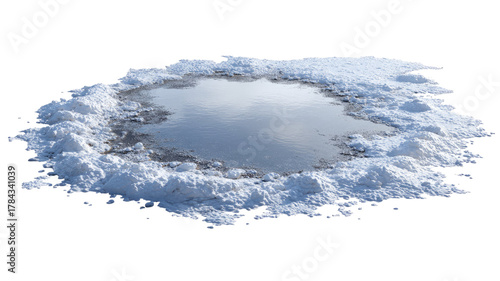 Frozen puddle covered with snow showing icy winter surface with textured frost and cold seasonal landscape detail isolated on white background