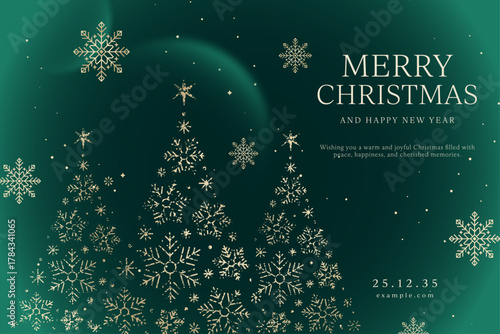 Simple Christmas Flyer, Invitation, Poster Template in Green Gold Minimalist Luxury, Classic Festive Style with Christmas Tree Snowflake Concept