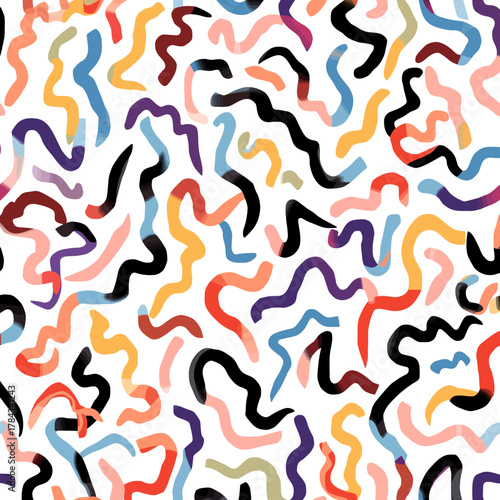 Abstract seamless background illustrating a creative concept of colorful freeform doodles and organic wavy lines