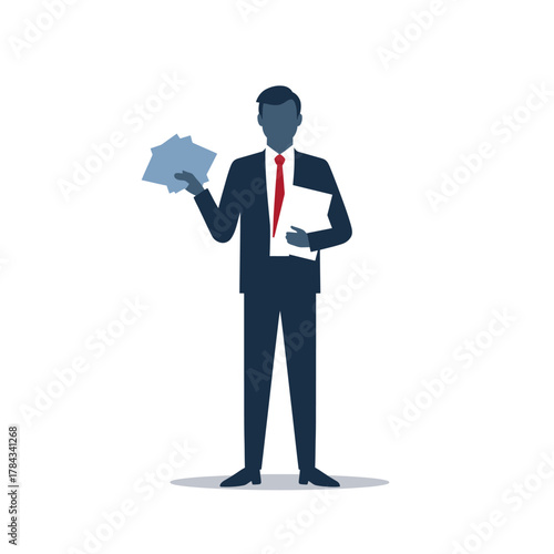 Vector illustration of a professional businessman in a formal suit holding documents. Concept of office work, management, and paperwork
