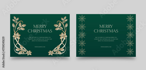 Elegant Gold Floral Christmas Card, Greetings Card & Invitation Template Layout on Dark Green Background with Merry Christmas Text